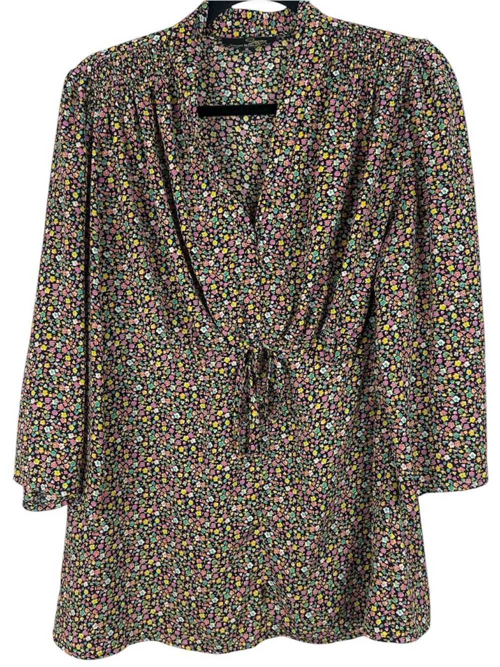 Suzanne Betro Ditsy Floral Chiffon Drawstring 3/4 Sleeve Blouse Tunic Medium